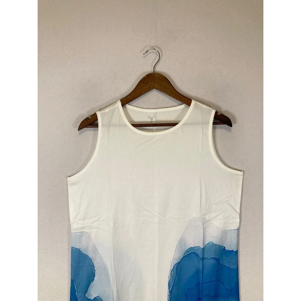 Artistic Watercolor Mountain Women XL Blue White Sleeveless Midi Dress - Picture 7 of 8
